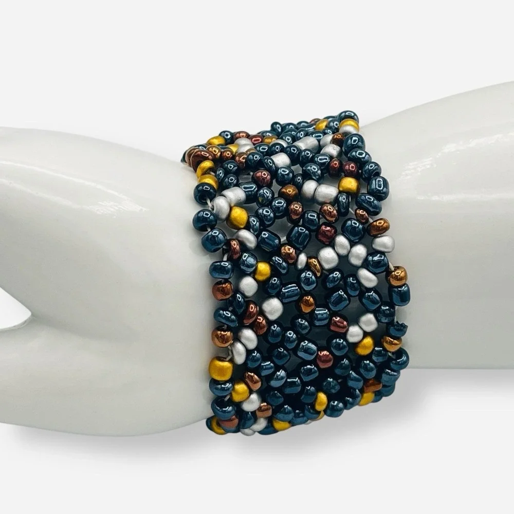 Abalone Shell Beaded Stretch‎ Bracelet Set Of 3 Black Brown Blue Gold